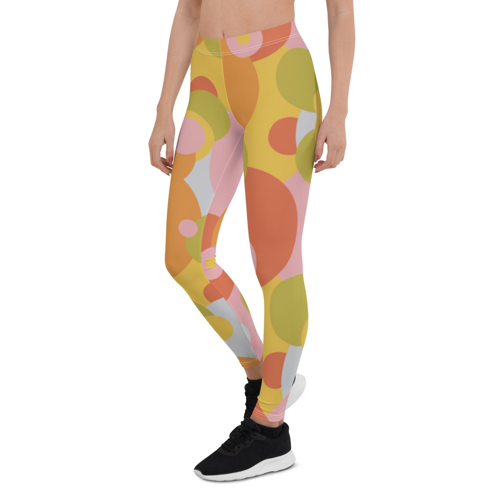 grrovy 60s style leggings for women in soft pastel tones of pink, orange, lime green. Circular geometric patterned meggs for women.