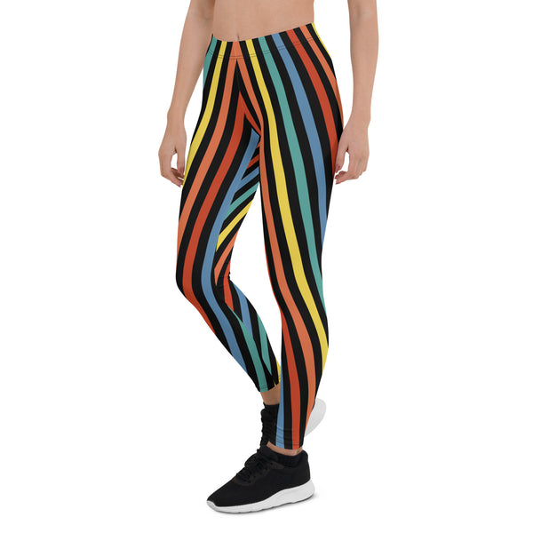 Festival Womens Leggings, Stripy Wrestling Style Performance Tights, Fashion Meggs, Rainbowcore Striped Pants, Rave Gear Clubbing Outfit. Rainbowcore stripy LGBT Gay Pride leggings. Retro style vertical stripes in stretchy compression fabric.