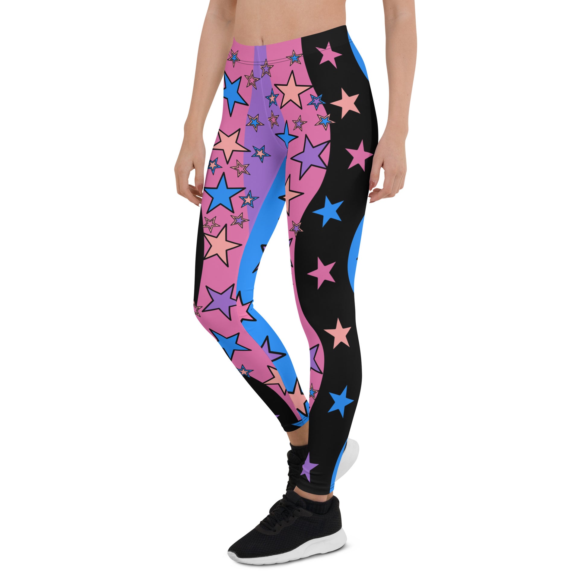 Womens Color Block Leggings, Spandex Long Tights, Pastel Wrestling Style Zigzag Patterned Meggings, Festival Rave Gear, EDC Clubbing Outfit, pilates, gym, fashion leggings. Pink, black, blue with stars, geometric shapes. Pastel punk, yami kawaii.