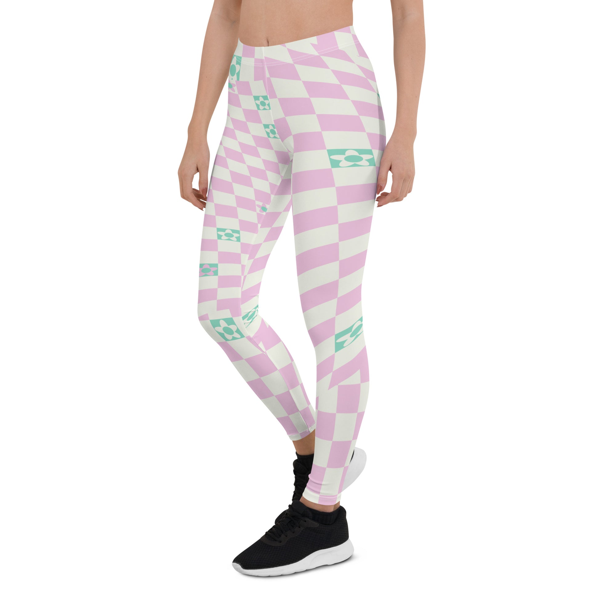 Danish pastel style leggings with a glitchcore aesthetic. Cream and pink warped geometric and abstract floral design with a mid-century modern vibe. Retro 50s style leggings from a 21st century take.