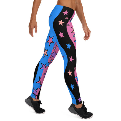 Womens Color Block Leggings, Spandex Long Tights, Pastel Wrestling Style Zigzag Patterned Meggings, Festival Rave Gear, EDC Clubbing Outfit, pilates, gym, fashion leggings. Pink, black, blue with stars, geometric shapes. Pastel punk, yami kawaii.