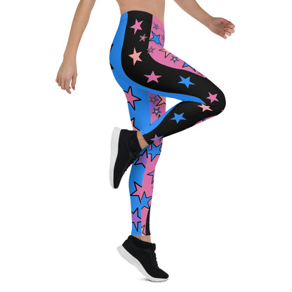 Womens Color Block Leggings, Spandex Long Tights, Pastel Wrestling Style Zigzag Patterned Meggings, Festival Rave Gear, EDC Clubbing Outfit, pilates, gym, fashion leggings. Pink, black, blue with stars, geometric shapes. Pastel punk, yami kawaii.