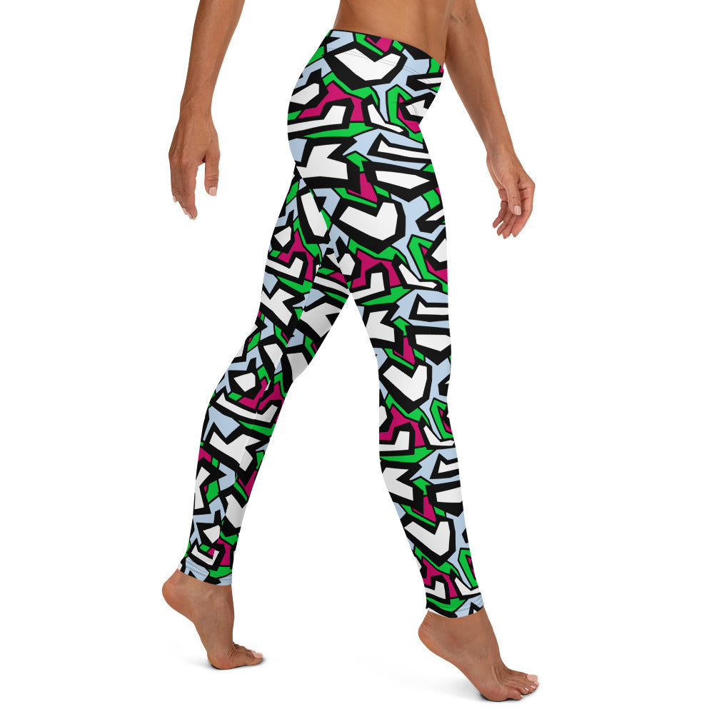 Leggings Memphis Design, Harajuku Fashion, Womens Festival Meggings, Pro Wrestling Tights, Jiu Jitsu Leggings, Urban Fashion Workout Pants. Blue, white, red, green, black geometric camou patterned gym tights for women.