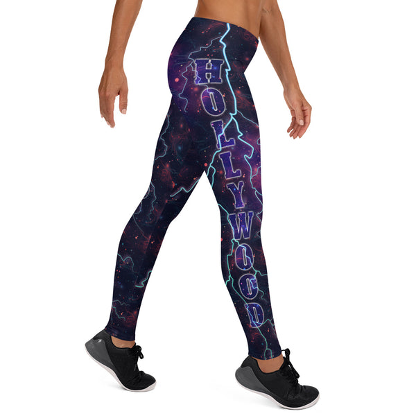 Leggings Pro Wrestling Fashion Meggings, Hollywood Lightning Workout Gym Rat Sport Pants, Vibrant Activewear Gear for Man, Dance Tights. Black celestial all-over planet with the slogan Hollywood down each leg, with lightning like retro 80s wrestler.
