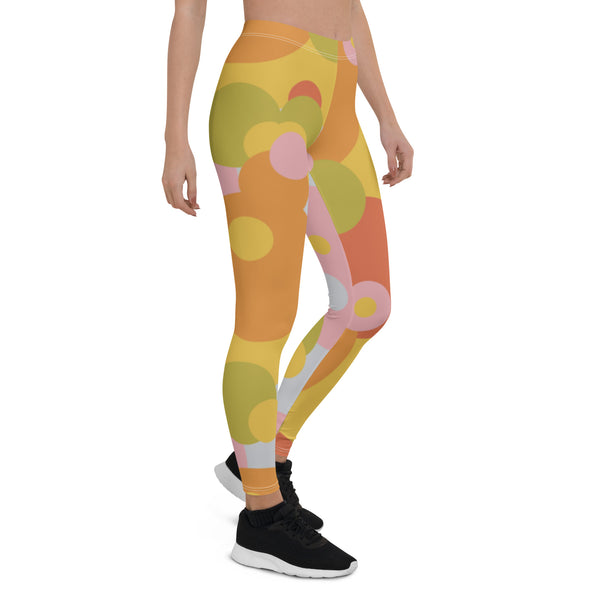 grrovy 60s style leggings for women in soft pastel tones of pink, orange, lime green. Circular geometric patterned meggs for women.