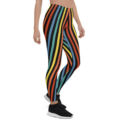 Festival Womens Leggings, Stripy Wrestling Style Performance Tights, Fashion Meggs, Rainbowcore Striped Pants, Rave Gear Clubbing Outfit. Rainbowcore stripy LGBT Gay Pride leggings. Retro style vertical stripes in stretchy compression fabric.