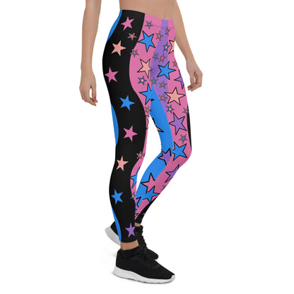 Womens Color Block Leggings, Spandex Long Tights, Pastel Wrestling Style Zigzag Patterned Meggings, Festival Rave Gear, EDC Clubbing Outfit, pilates, gym, fashion leggings. Pink, black, blue with stars, geometric shapes. Pastel punk, yami kawaii.