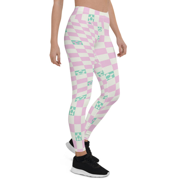 Danish pastel style leggings with a glitchcore aesthetic. Cream and pink warped geometric and abstract floral design with a mid-century modern vibe. Retro 50s style leggings from a 21st century take.