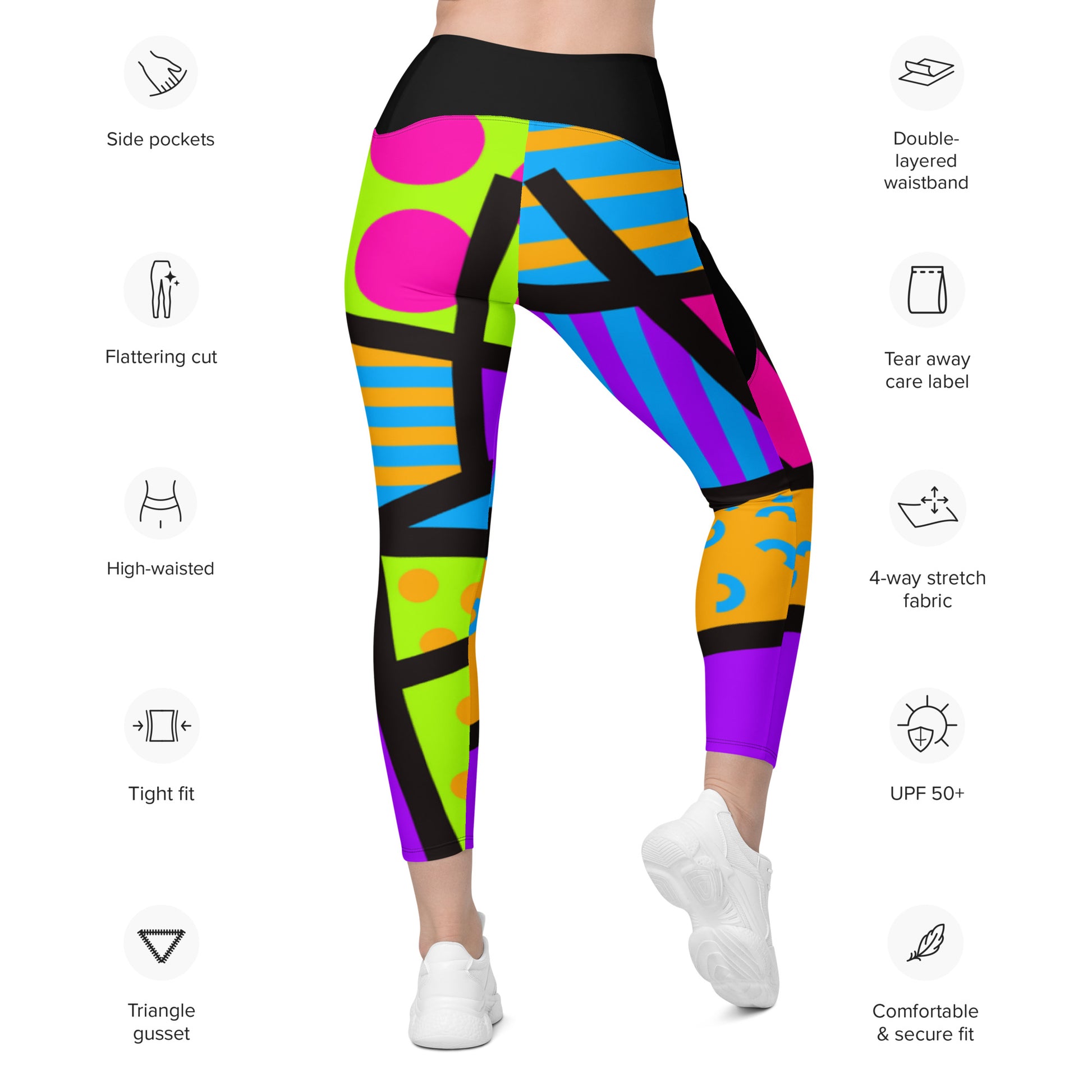 Harajuku Leggings with Pockets | Colorful Geometric Print Running Tights | Patterned Festival Meggings | Clubbing Outfit | Athleisure Meggs