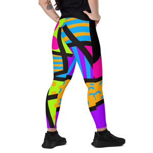 Harajuku Leggings with Pockets | Colorful Geometric Print Running Tights | Patterned Festival Meggings | Clubbing Outfit | Athleisure Meggs