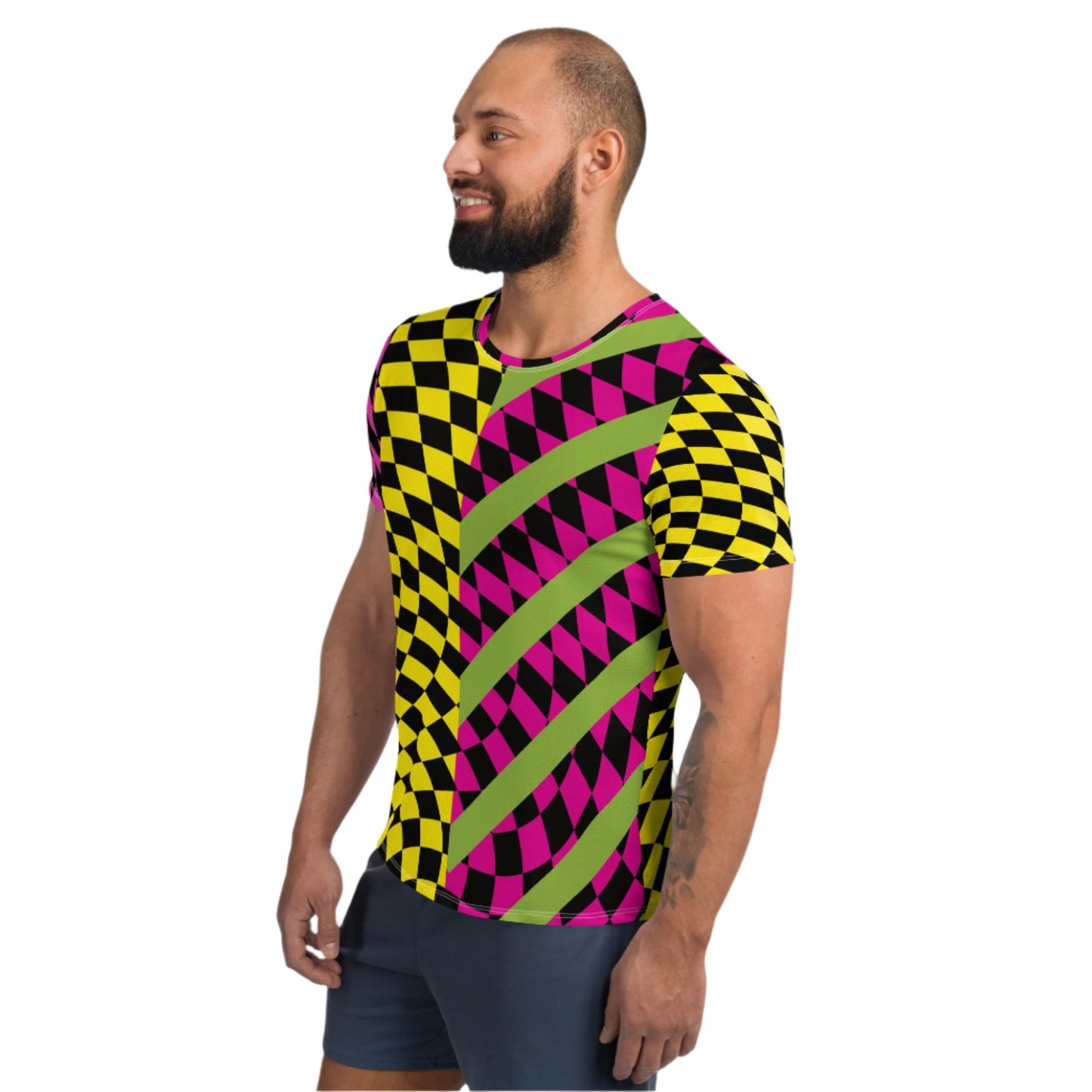 Retro 80s pro wrestling cosplay outfit including pro-wrestling tights for men and matching athletic t-shirt for men in yellow and pink with black glitchcore patterned. Alternating vibrant colors with green diagonal stripes in a kitsch design.