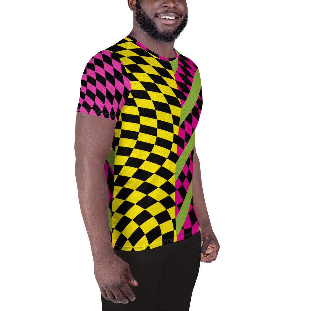 Retro 80s pro wrestling cosplay outfit including pro-wrestling tights for men and matching athletic t-shirt for men in yellow and pink with black glitchcore patterned. Alternating vibrant colors with green diagonal stripes in a kitsch design.