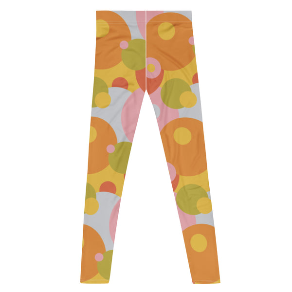 Retro Groovy Patterned Men's Leggings | 60s 70s Style Abstract Circular Summer Meggings Fashion | Harajuku Pastel Punk Alt JFashion Meggs in orange, pink, lime green, yellow and gray circles geometric pattern on these compression pants by BillingrtonPix