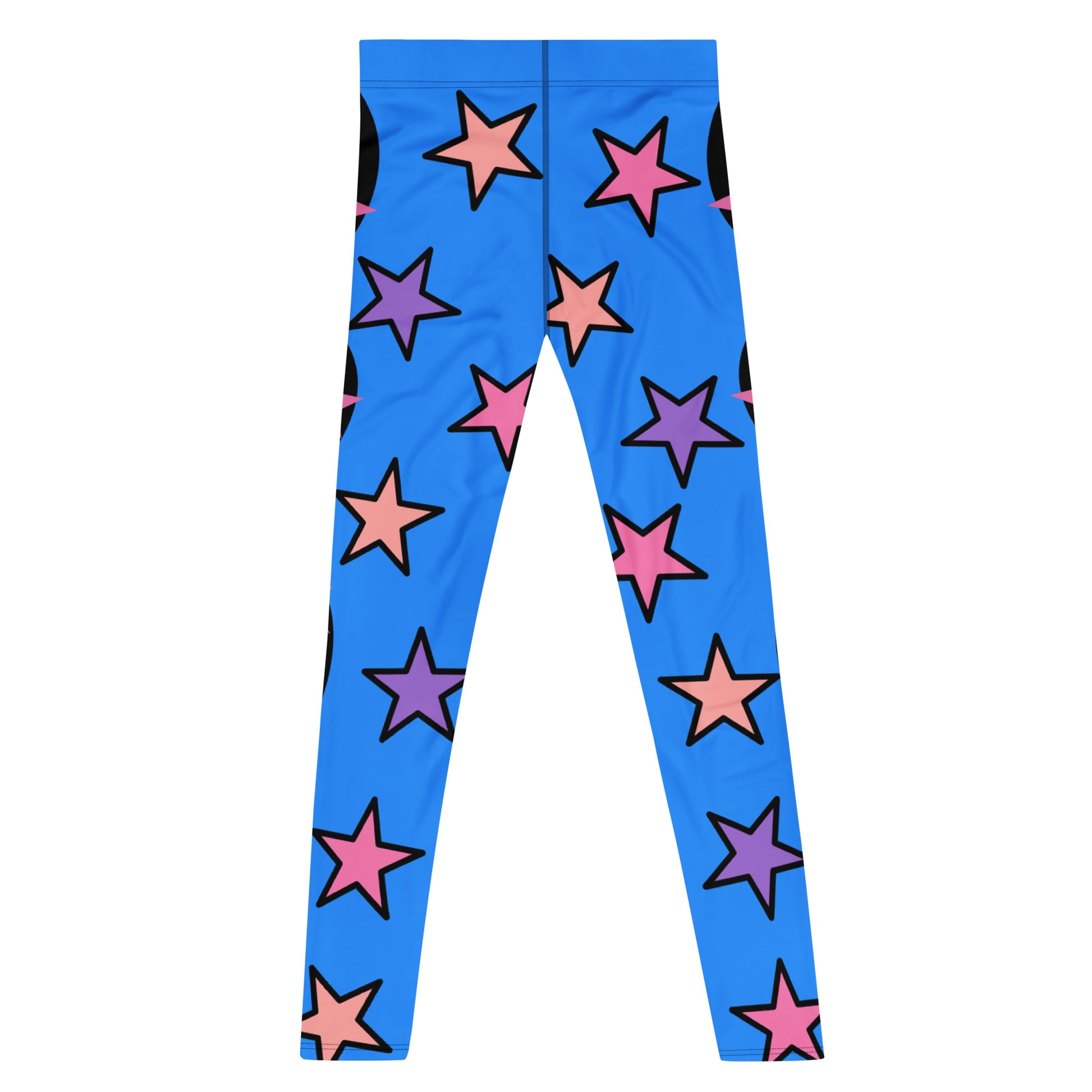 Festival Leggings for Men | Spandex Men’s Pro Wrestling Long Tights | EDC Rave Gear Meggings | Clubbing Outfit | Fashion Meggs | Kawaii Clothing. Pink and blue patterned leggings for men with pastel stars.