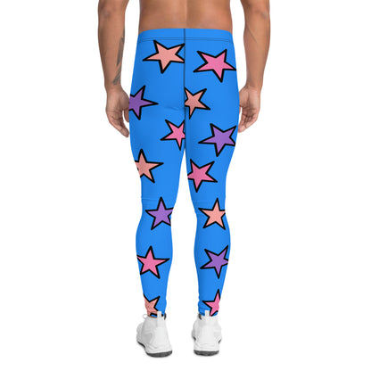 Festival Leggings for Men | Spandex Men’s Pro Wrestling Long Tights | EDC Rave Gear Meggings | Clubbing Outfit | Fashion Meggs | Kawaii Clothing. Pink and blue patterned leggings for men with pastel stars.