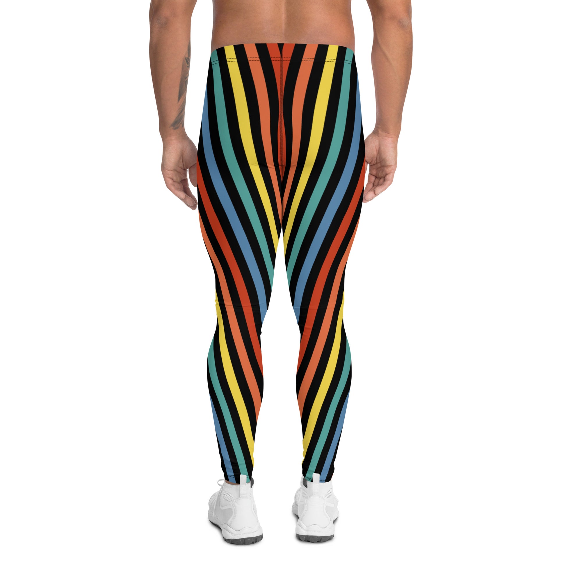 Festival Mens Leggings, Stripy Wrestling Style Performance Tights, Fashion Meggs, Rainbowcore Striped Meggings, Rave Gear Clubbing Outfit, pro wrestling tights, climbing, stripy rainbow LGBT Pride outfit idea by BillingtonPix