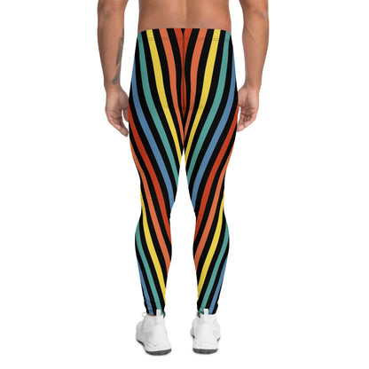 Festival Mens Leggings, Stripy Wrestling Style Performance Tights, Fashion Meggs, Rainbowcore Striped Meggings, Rave Gear Clubbing Outfit, pro wrestling tights, climbing, stripy rainbow LGBT Pride outfit idea by BillingtonPix