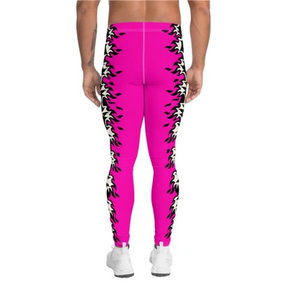 Pink pro wrestling tights for men in black or pink with fire and hearts. Matching tank top with skull and wings and a heart. Pink, black.