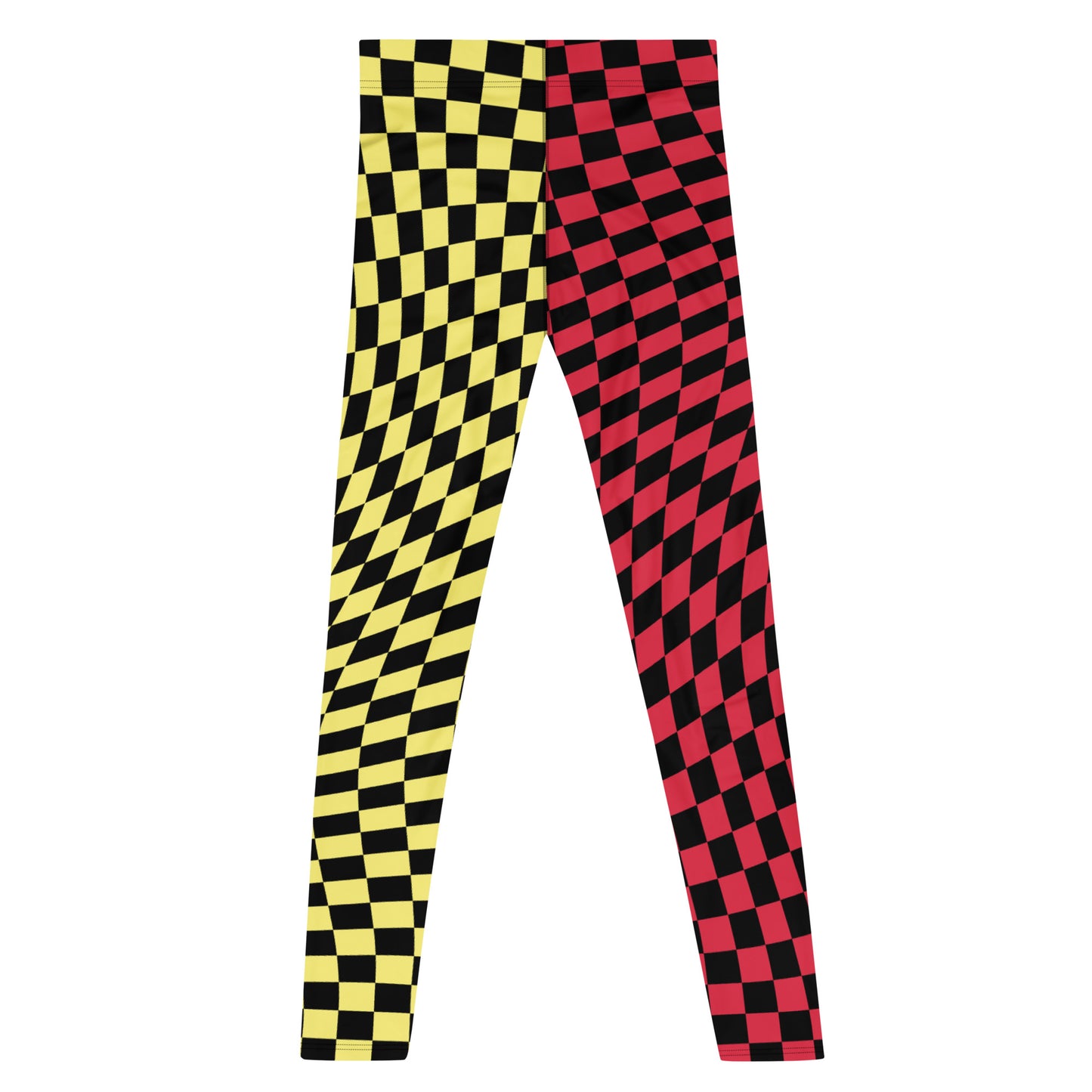 Mens Leggings Harlequin Checked Meggings 80s Wrestling Style Meggs Party Clubbing Costume Yoga Pilates Sports Leggings Halloween Streetwear. Red, yellow, black glitch check pants for burning man, festivals, parties, performances, dance,  zigzag front