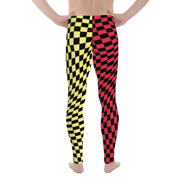 Mens Leggings Harlequin Checked Meggings 80s Wrestling Style Meggs Party Clubbing Costume Yoga Pilates Sports Leggings Halloween Streetwear. Red, yellow, black glitch check pants for burning man, festivals, parties, performances, dance,  zigzag front