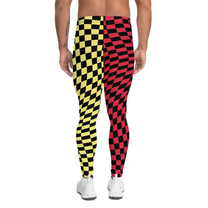 Mens Leggings Harlequin Checked Meggings 80s Wrestling Style Meggs Party Clubbing Costume Yoga Pilates Sports Leggings Halloween Streetwear. Red, yellow, black glitch check pants for burning man, festivals, parties, performances, dance,  zigzag front