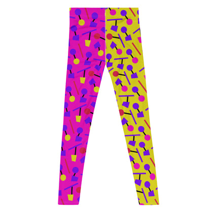 Mens leggings in alternate pink and yellow geometric 80s Memphis style all-over pattern. Red crotch. Fun party leggings with mid-waist and ankle length. Soft and stretchy spandex meggings for activewear, sporting activities, dance, gym, yoga, pilates