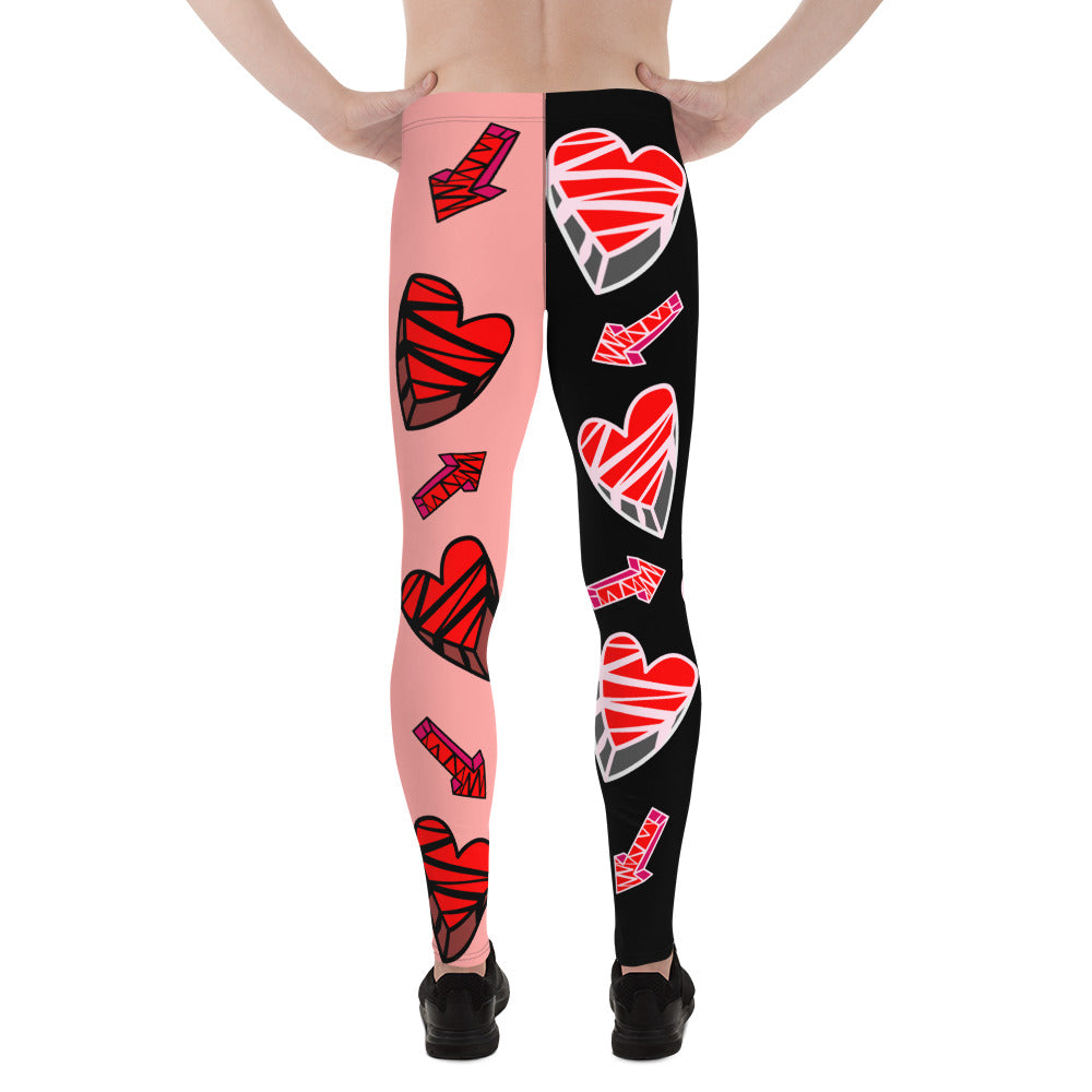 Mens Leggings Wrestling Gear Meggings for Guys, Retro Hearts Gym Meggs, Vibrant Alternative Clothing for Men, Halloween Dance Tights. Broken hearts, anime funny wrestler weightlifter leggings for men in black red white orange.