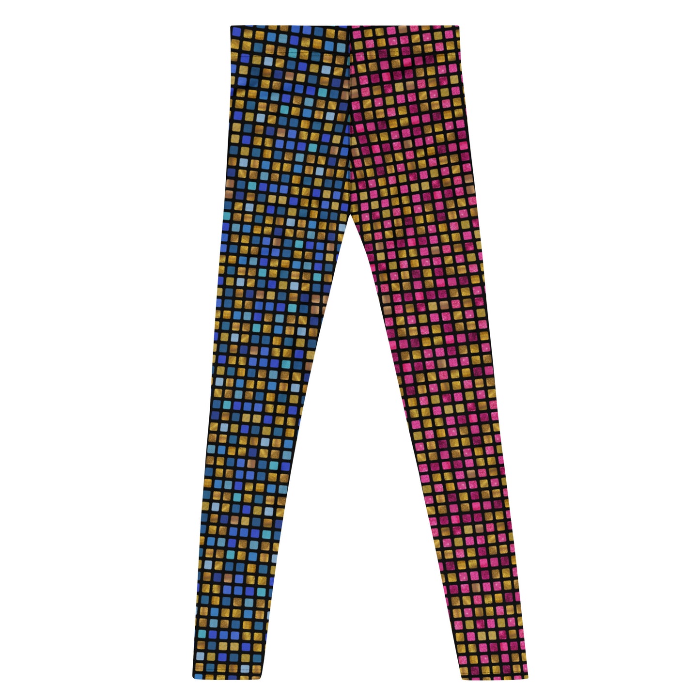 Mens Leggings EDM Rave, Geometric Cosplay Meggings, Festive Party Meggs, Wrestling Tights, Festival Leggings for Men, Workout Dance Leggings. Pink, blue and gold glitter effect meggings in geometric vaporwave pattern giving a retro 70s disco ball vibe.