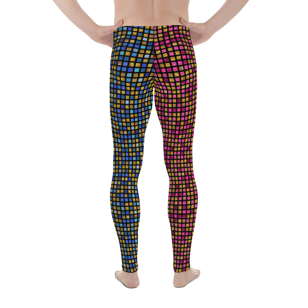 Mens Leggings EDM Rave, Geometric Cosplay Meggings, Festive Party Meggs, Wrestling Tights, Festival Leggings for Men, Workout Dance Leggings. Pink, blue and gold glitter effect meggings in geometric vaporwave pattern giving a retro 70s disco ball vibe.