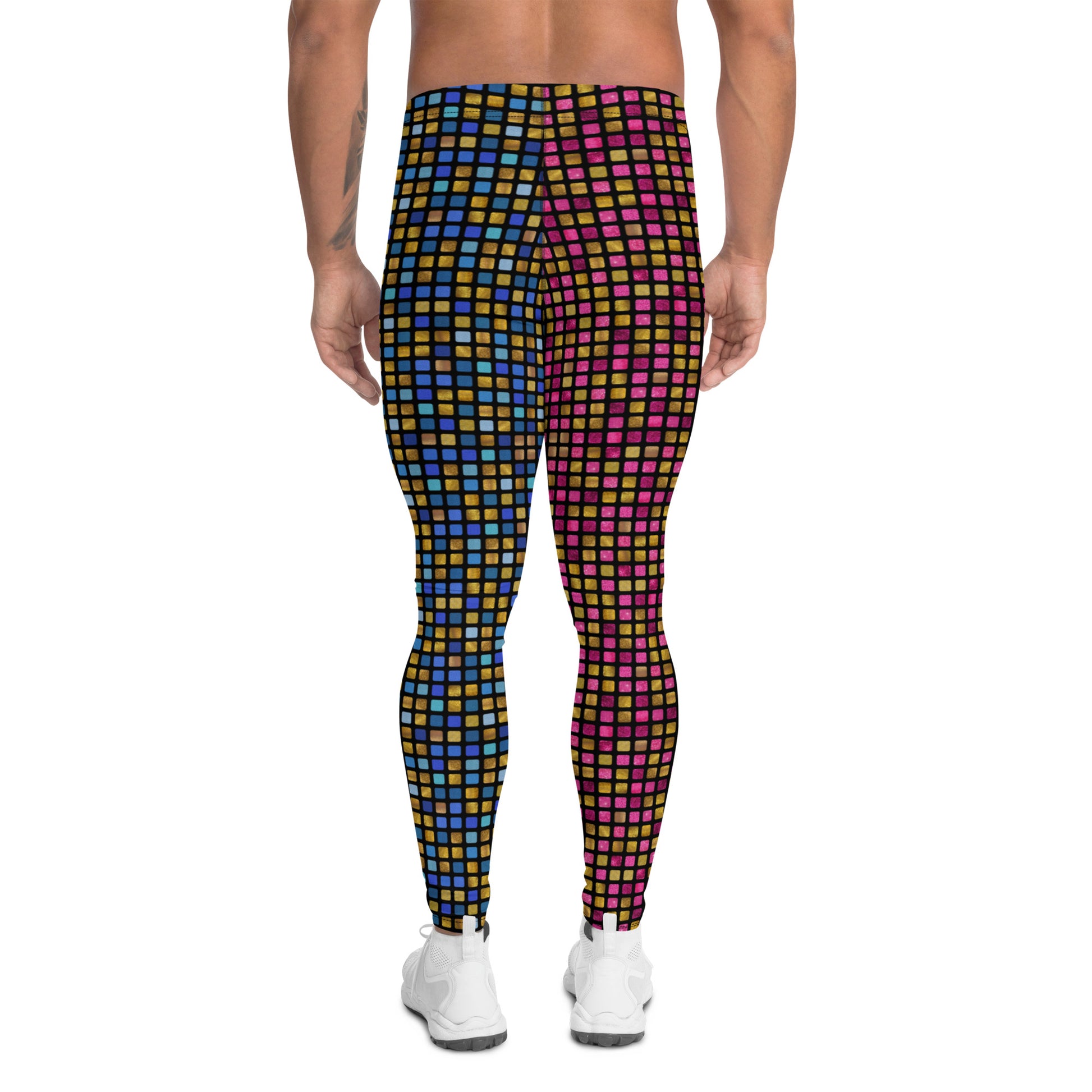 Mens Leggings EDM Rave, Geometric Cosplay Meggings, Festive Party Meggs, Wrestling Tights, Festival Leggings for Men, Workout Dance Leggings. Pink, blue and gold glitter effect meggings in geometric vaporwave pattern giving a retro 70s disco ball vibe.