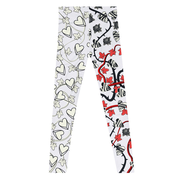 Rockstar style men's leggings in black and silvery white design, full of broken hearts, black roses and red vine leaves. Beautiful swirling vines and rose thorns entangle this heartbreak scene