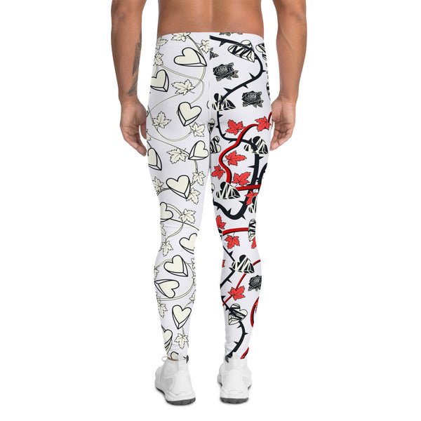 Rockstar style men's leggings in black and silvery white design, full of broken hearts, black roses and red vine leaves. Beautiful swirling vines and rose thorns entangle this heartbreak scene