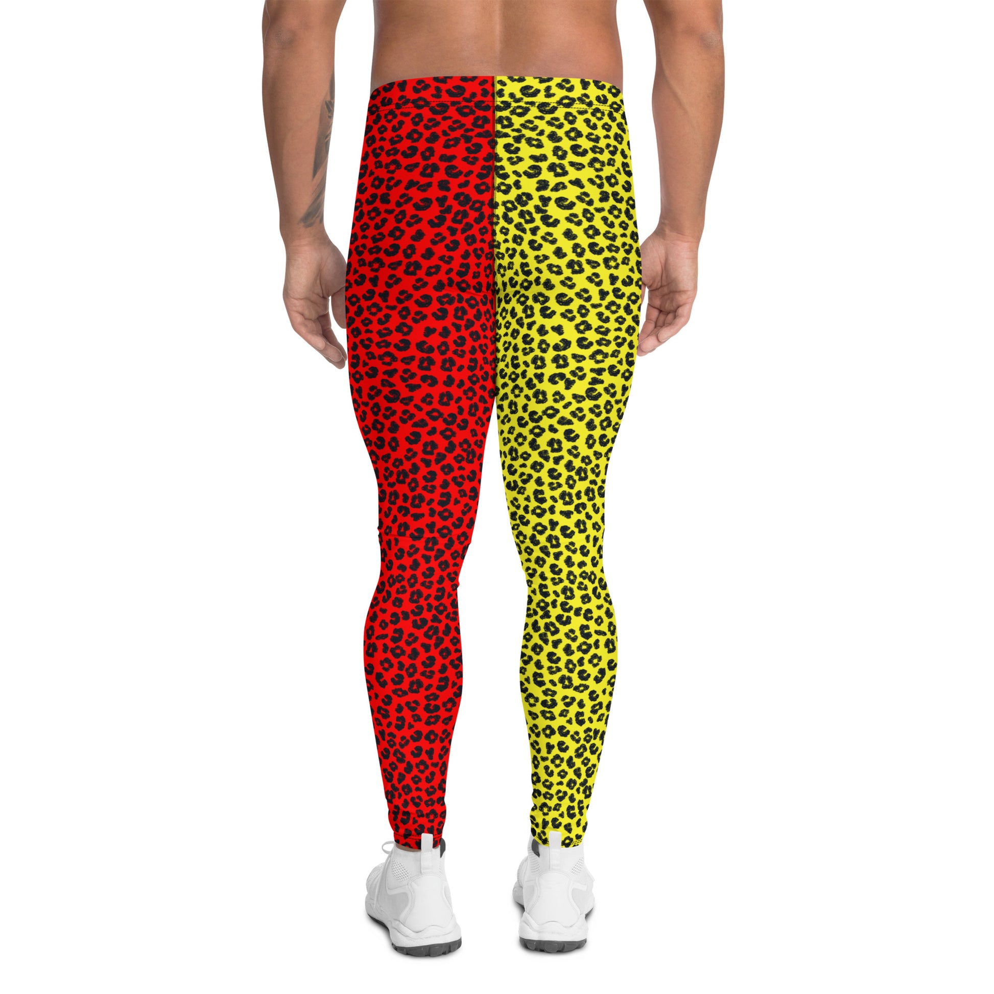 Wrestling Tights Red Leopard Skin, Mens Leggings, Performance Pants, Yoga Leggings Gym, Mens Rave Outfit, Mens Festival Meggings. Red leggings for men with yellow and black all-over design. Dancewear for guys with split color design in vibrant tones.