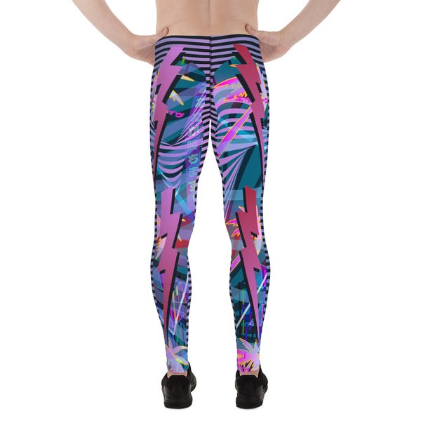 Mens Leggings Trippy Clubbing Outfit, Wrestling Tights, Cosplay Meggings Performer, Cyberpunk Party Gear, Retro 90s Synthwave Dancer Pants. BJJ spats in neoncore all-over pattern with lightning and synthwave retro 90s style pattern. Blue, pink purple