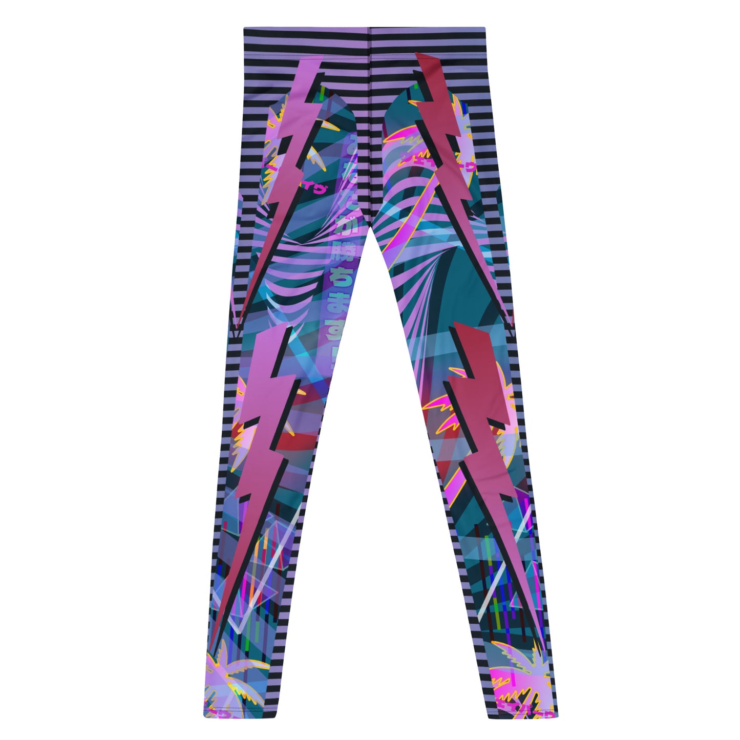 Mens Leggings Trippy Clubbing Outfit, Wrestling Tights, Cosplay Meggings Performer, Cyberpunk Party Gear, Retro 90s Synthwave Dancer Pants. BJJ spats in neoncore all-over pattern with lightning and synthwave retro 90s style pattern. Blue, pink purple