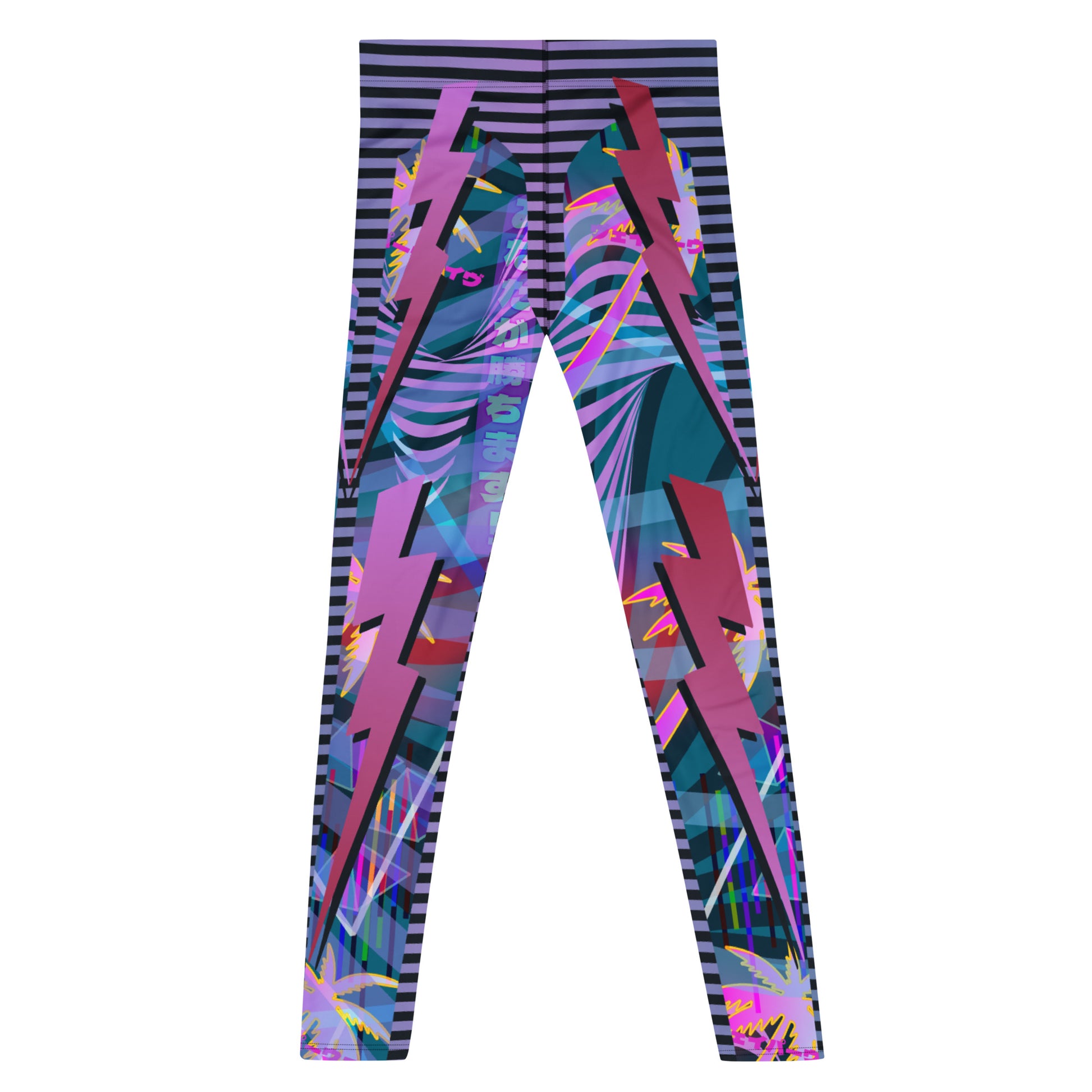 Mens Leggings Trippy Clubbing Outfit, Wrestling Tights, Cosplay Meggings Performer, Cyberpunk Party Gear, Retro 90s Synthwave Dancer Pants. BJJ spats in neoncore all-over pattern with lightning and synthwave retro 90s style pattern. Blue, pink purple