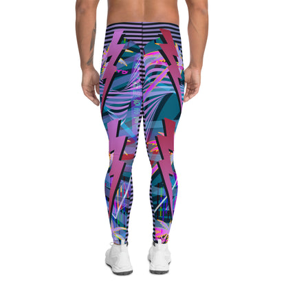 Mens Leggings Trippy Clubbing Outfit, Wrestling Tights, Cosplay Meggings Performer, Cyberpunk Party Gear, Retro 90s Synthwave Dancer Pants. BJJ spats in neoncore all-over pattern with lightning and synthwave retro 90s style pattern. Blue, pink purple