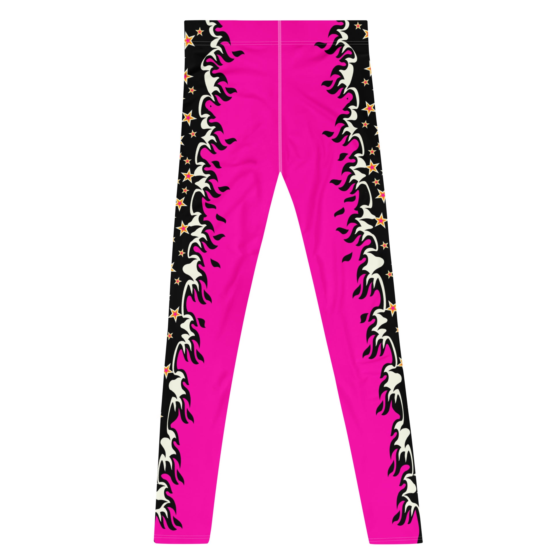 pink pro wrestling tights for men in pink and black with fire down each side. Fun fashion meggings for guys who enjoy WWE cosplay. or festival gear like Burning Man.