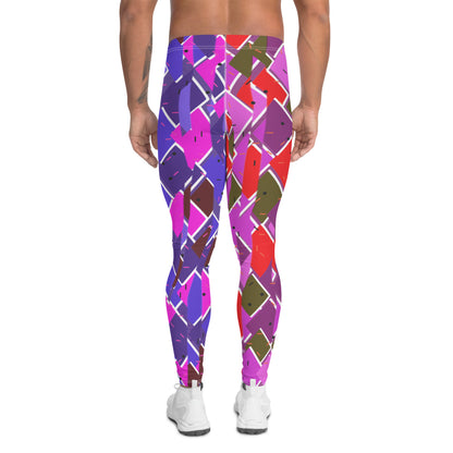 Mens Leggings Retro Harlequin Pro Wrestling Tights, glitchcore Fractal Geometric Patterned Festival Meggings, Dance Pants, Rave Gear, Clubbing Outfit. Purple, red, blue, white fractal kitsch meggings guys in diamond shapes. Retro pro wrestling gear