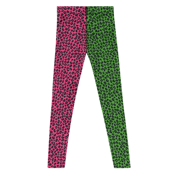 Wrestling Tights Green Leopard Skin, Mens Leggings, Performance Pants, Yoga Leggings Gym, Mens Rave Outfit, Mens Festival Meggings. Pink and green pro wrestling tights  for guys in spandex. Kitsch alt fashion, weirdcore jfashion retro 80s style pants