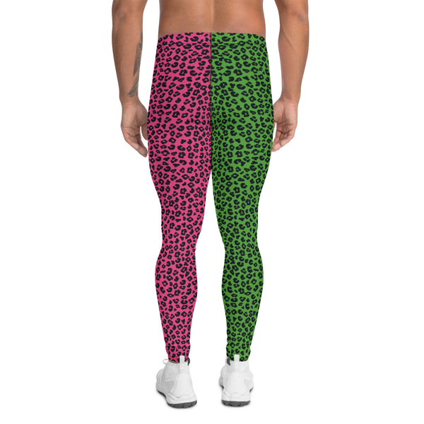 Wrestling Tights Green Leopard Skin, Mens Leggings, Performance Pants, Yoga Leggings Gym, Mens Rave Outfit, Mens Festival Meggings. Pink and green pro wrestling tights  for guys in spandex. Kitsch alt fashion, weirdcore jfashion retro 80s style pants