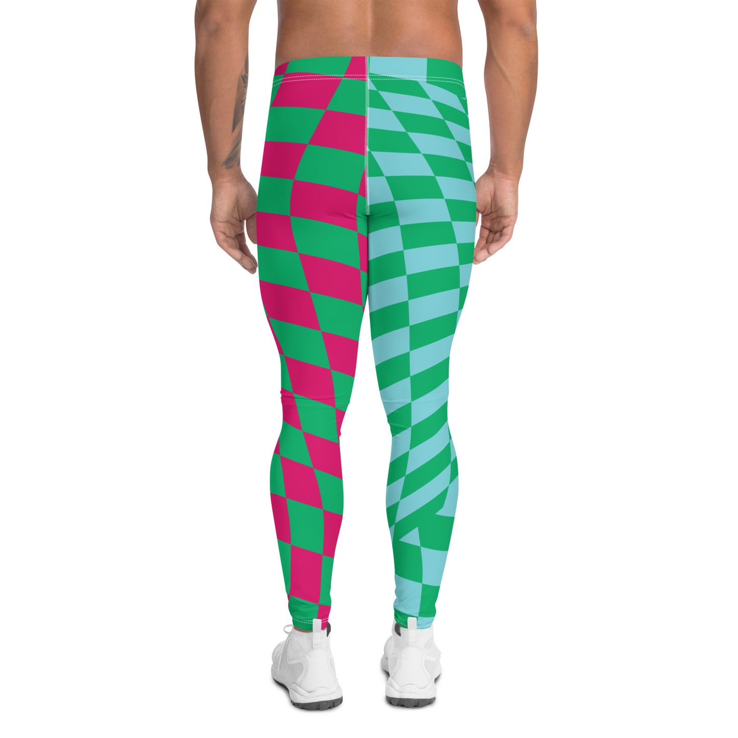 Mens Leggings Glitchcore Harlequin, Pro Wrestling Tights, Guys Running Tights, Dancewear, Festival Pants, Fashion Meggings, Gym Gear. Pink, blue and green fashion meggs for gym, pilates, yoga and festivals.