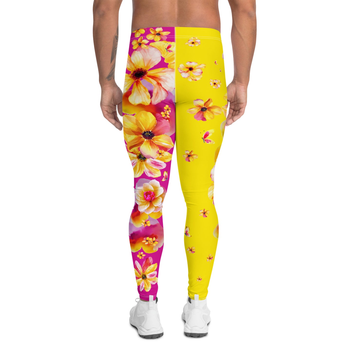 Mens Leggings Floral, Yellow and Pink Flower Print Leggings, Pro Wrestling Tights, Funky Fashion Leggings, Yoga Pants, Gym Outfit, Rave Gear