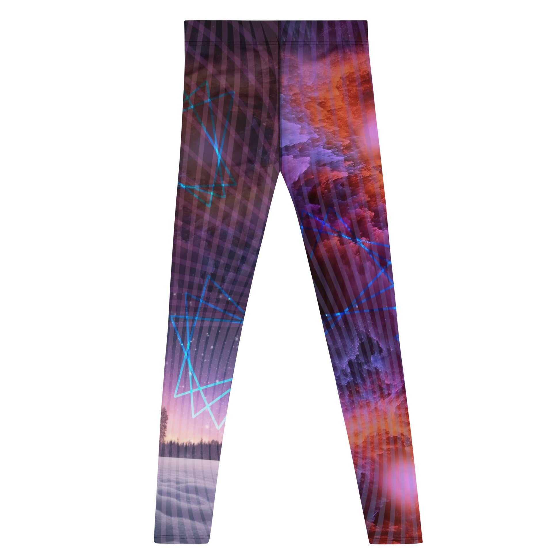 Mens Leggings Galactic Nebula, Bjj Compression Spats, Pro Wrestling Tights, Running Tights, Fashion Meggings, Festival Leggings, Rave Gear. Neoncore rainbow futuristic fashion meggs for guys with nebula clouds, winter forest, abstract pattern.