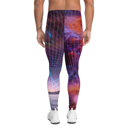 Mens Leggings Galactic Nebula, Bjj Compression Spats, Pro Wrestling Tights, Running Tights, Fashion Meggings, Festival Leggings, Rave Gear. Neoncore rainbow futuristic fashion meggs for guys with nebula clouds, winter forest, abstract pattern.