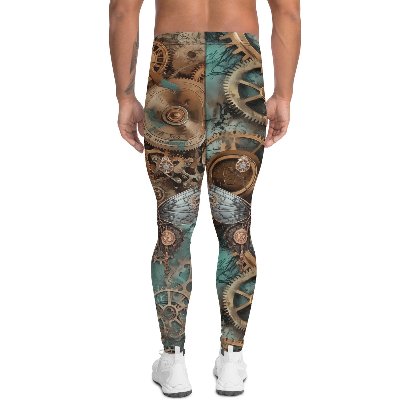 Steampunk leggings for men with horology design. Watch fans fashion in brown and blue. Retro festival fashion meggings.