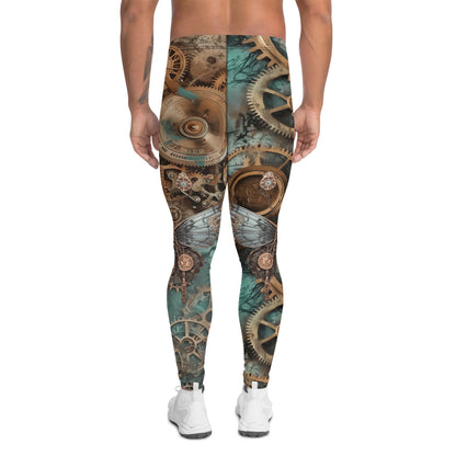 Steampunk leggings for men with horology design. Watch fans fashion in brown and blue. Retro festival fashion meggings.