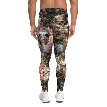 Mens Leggings Steampunk Horology Pants, Fashion Meggings, BJJ Grappling Spats, Pro Wrestling Tights, Rave Gear, Clubbing Outfit, Running tights for watch geeks and perpetual calendar fans. Jules Verne vibes. Clockwork all-over pattern guys leggings.