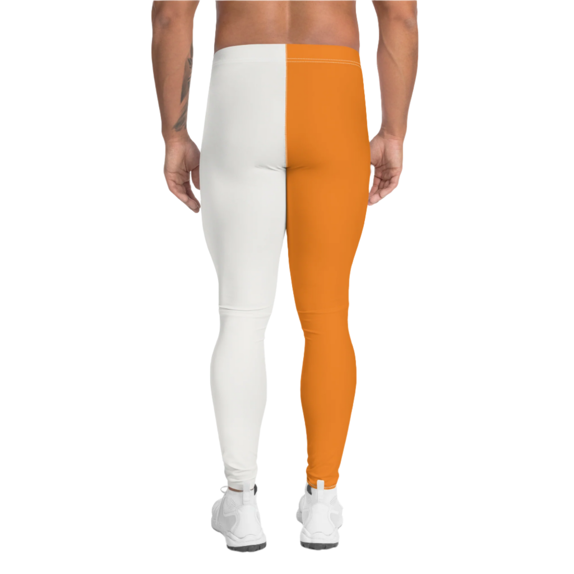 Mens matching tank top and pro wrestling tights in orange and white stars with alternating background and cut out insets.