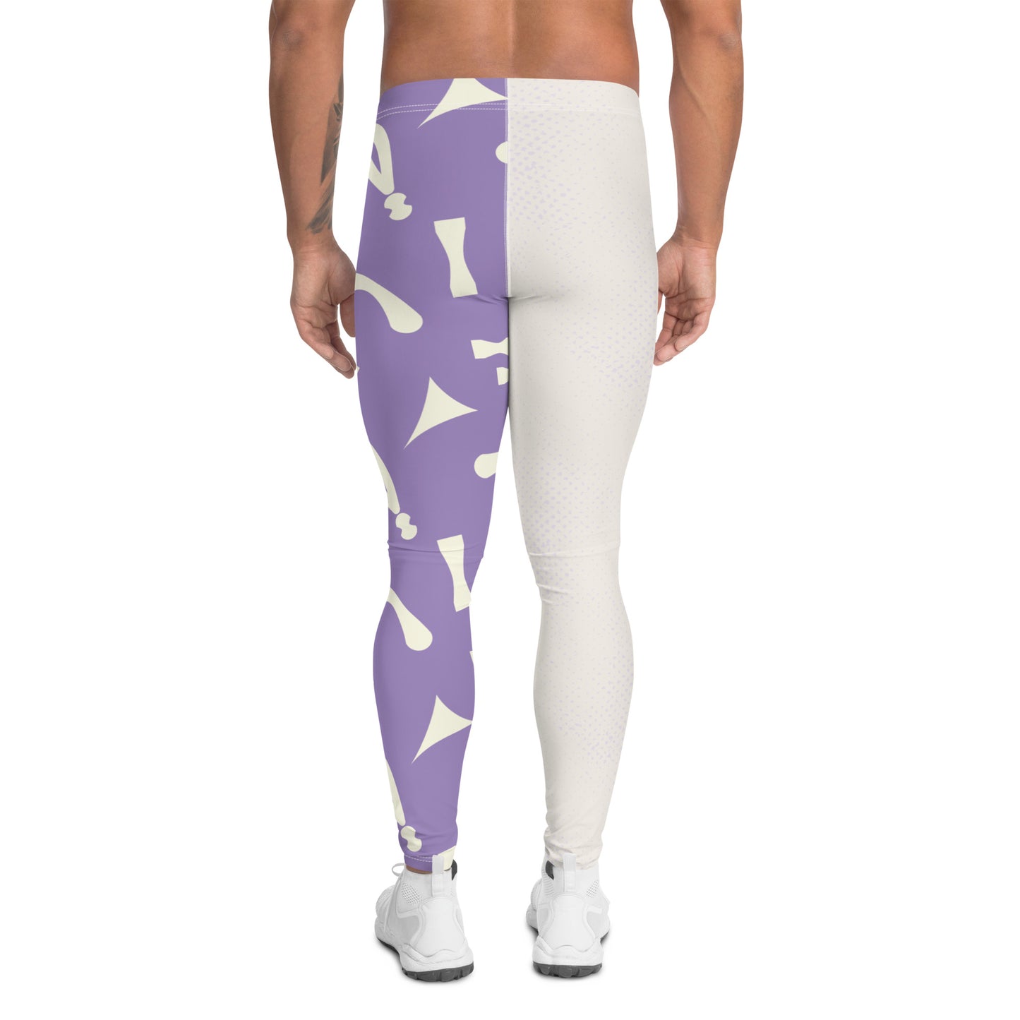 Purple and white fun retro pro wrestling tights for men. 80s Memphis style leggings for guys with alternating colors and geometric shapes. Fashion meggings and party outfit.